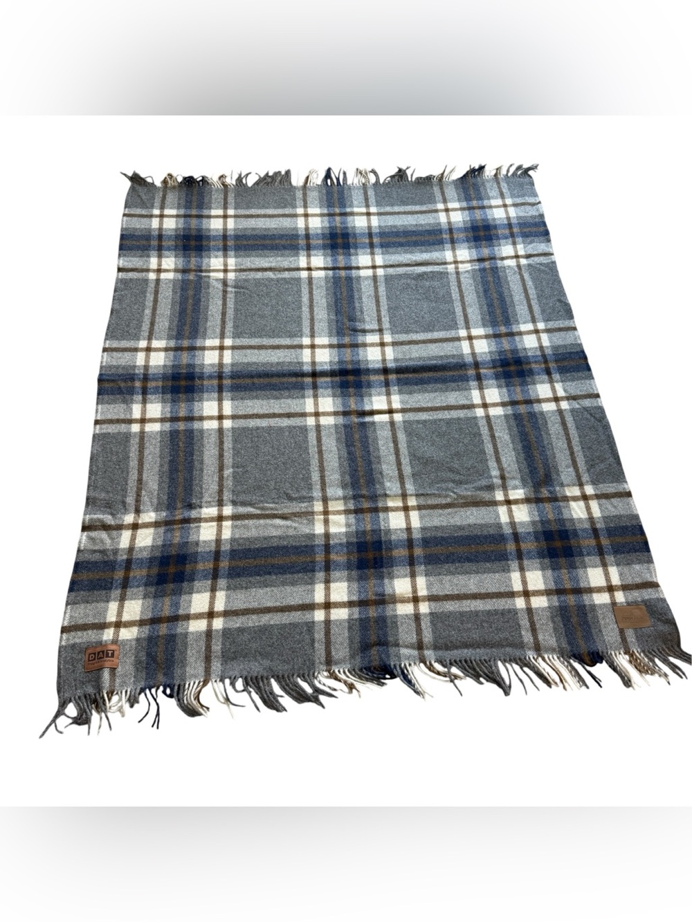 Pendleton Home 100% Wool Plaid Throw Blanket Gray Navy Brown Fringe 52x64
